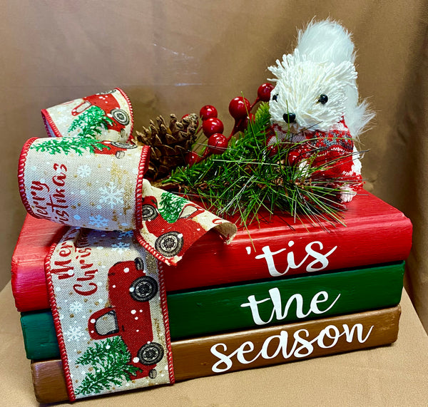 Home Decor - Hand-Crafted Book Stack Embellished with White Squirrel
