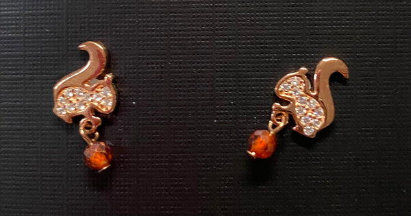 Jewelry - Tiny Squirrel Stud Earrings with Tiny Dangling Brown Rhinestone Acorns
