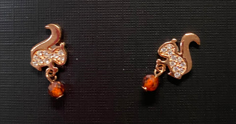 Jewelry - Earrings - Tiny Squirrel Stud with Brown Rhinestone Acorns