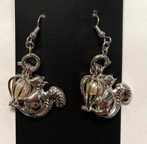 Jewelry - Earrings - Squirrel Holding a Globe with A Pearl Inside
