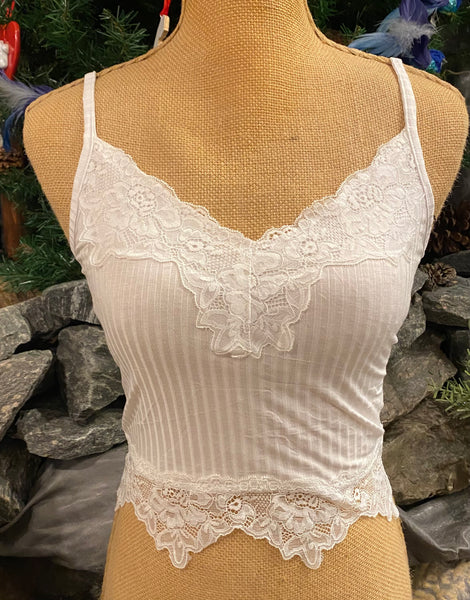 Clothing - Cropped Camisole - V-Neck - Trimmed in Elegant Lace
