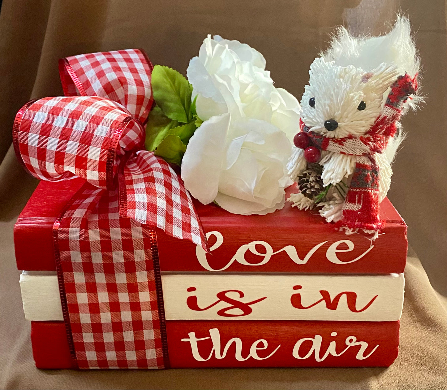 Home Decor - Valentine Hand-Crafted Book Stack Embellished with White Squirrel