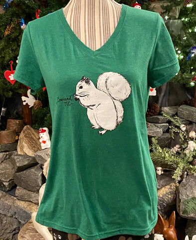 T-Shirt - Ladies - Cute White Squirrel Center - Short Sleeve V-Neck in Heather Green