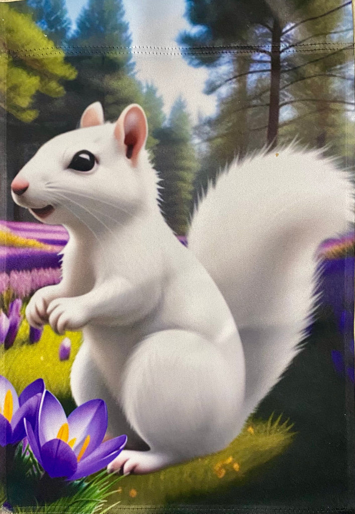 Garden Flag - White Squirrel in the Crocuses