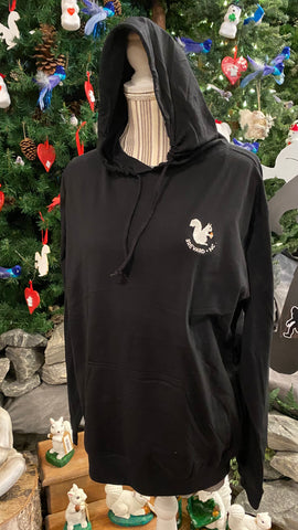 Hoodie - Black T-shirt-weight no-zip Hoodie with Embroidered White Squirrel