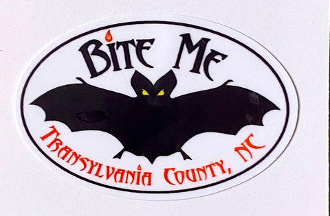 Decal/Sticker - Bat with Bite Me, Transylvania County - Mini White Oval - Waterproof