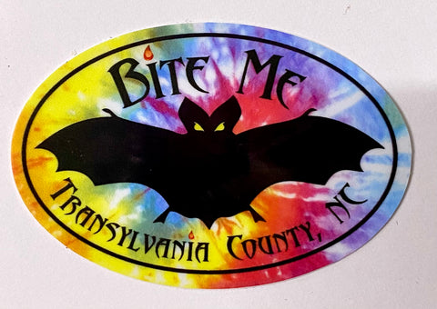 Decal/Sticker - Bat with Bite Me, Transylvania County - Tie-Dye Mini Oval - Waterproof