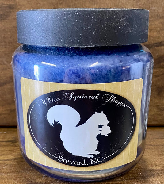 Candle - Blueberry & Lavender in a Jar labeled White Squirrel Shoppe Brevard, NC