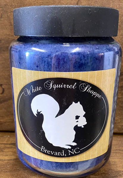 Candle - Blueberry & Lavender in a Jar labeled White Squirrel Shoppe Brevard, NC