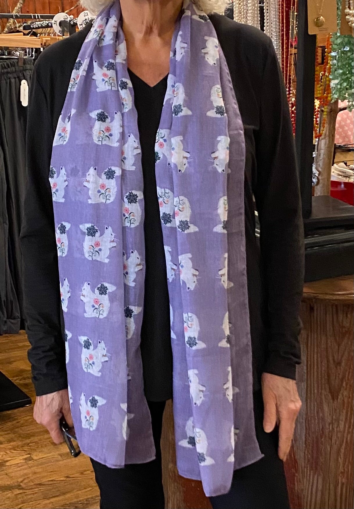 Lightweight floral scarf with White Squirrel motif - unique wearable art in lavender