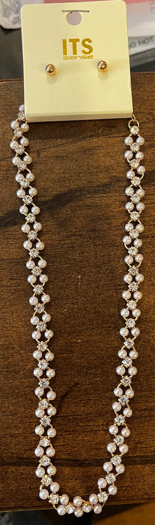 Jewelry- Rhinestone Pearl Necklace with Earrings