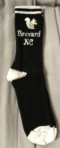 Socks - Men - Embroidered White Squirrel and Brevard NC in Black - Size 9-11