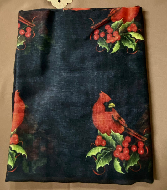 Red cardinal scarf with bird motif on black background with holly and berries - lightweight nature wrap 72x28 inches