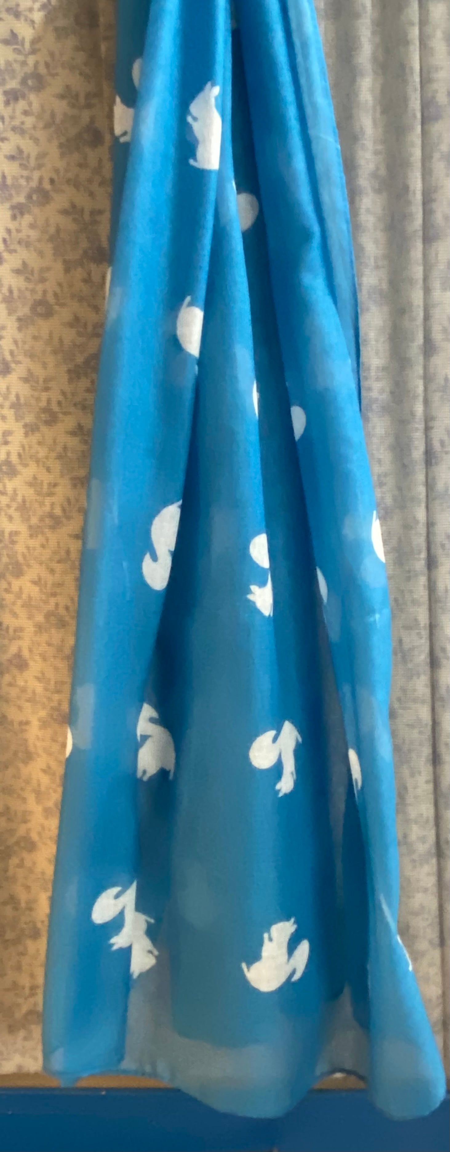 Blue White Squirrel motif scarf draped elegantly - unique wearable art