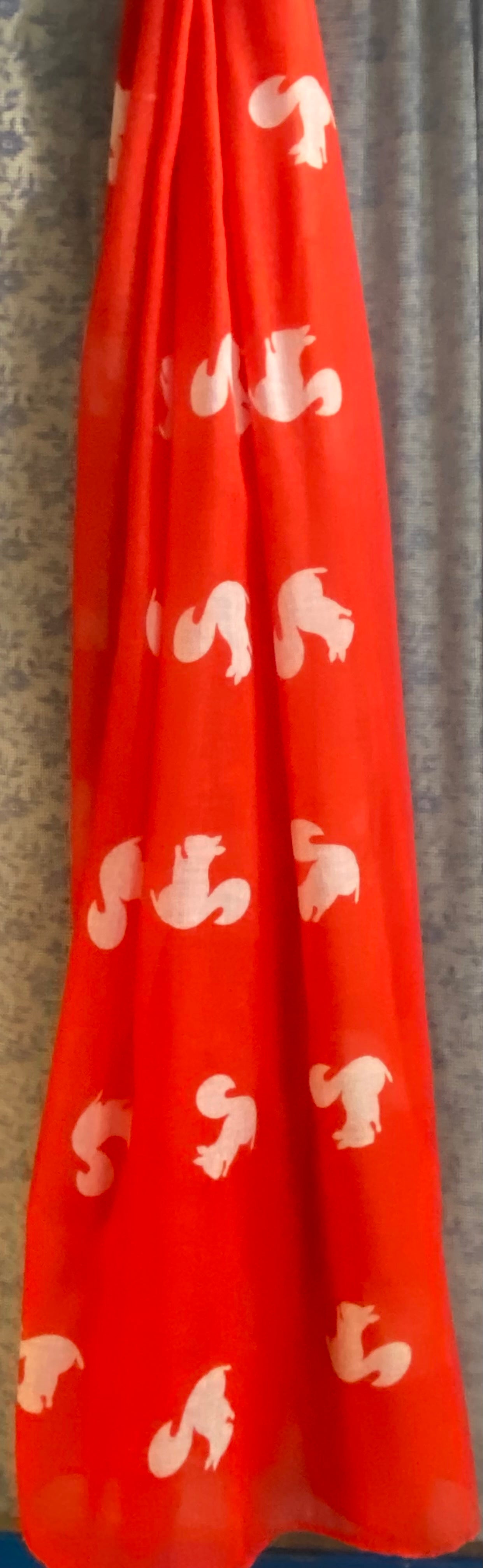 White Squirrel motif scarf design - lightweight designer wrap 72x28 inches in red