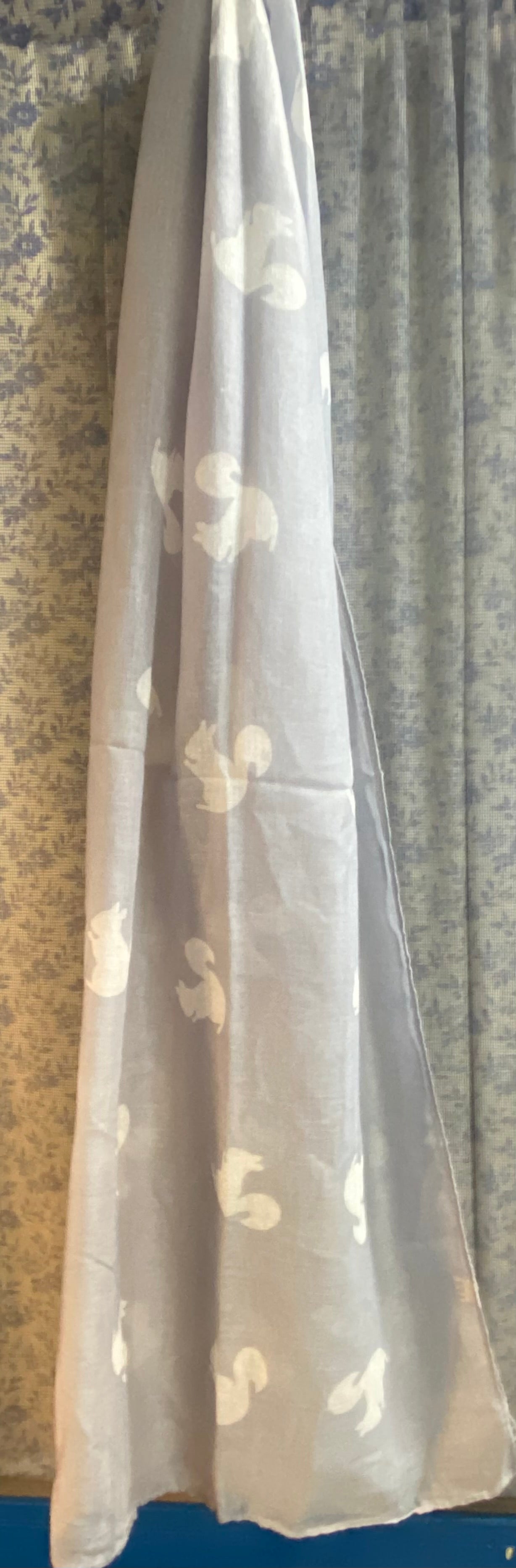 White Squirrel motif scarf design - lightweight designer wrap 72x28 inches in grey