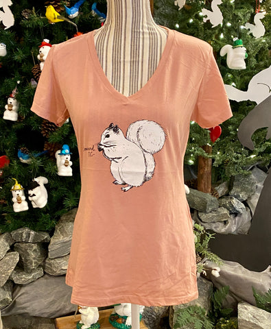 T-Shirt - Ladies - Cute White Squirrel Center - Short Sleeve V-Neck in Desert Pink