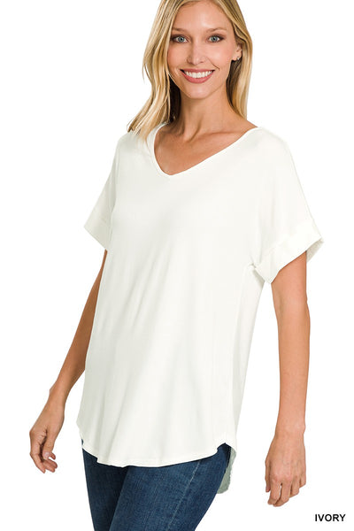 Clothing - Top - For Ladies -  Luxe Rayon Short Sleeve V-Neck with Round Hem