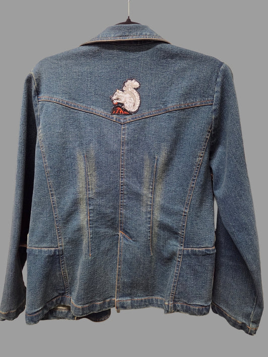 Jacket - Blue Jean - Vintage Jane Seymour Embroidered with White Squirrel Patch on Back