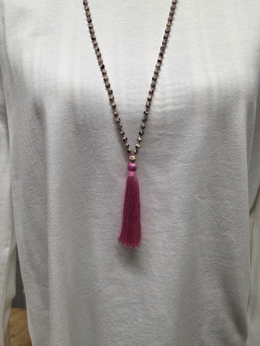 Jewelry - Necklace - Pink Tassle with Earth Tone Beads - 4 mm beads