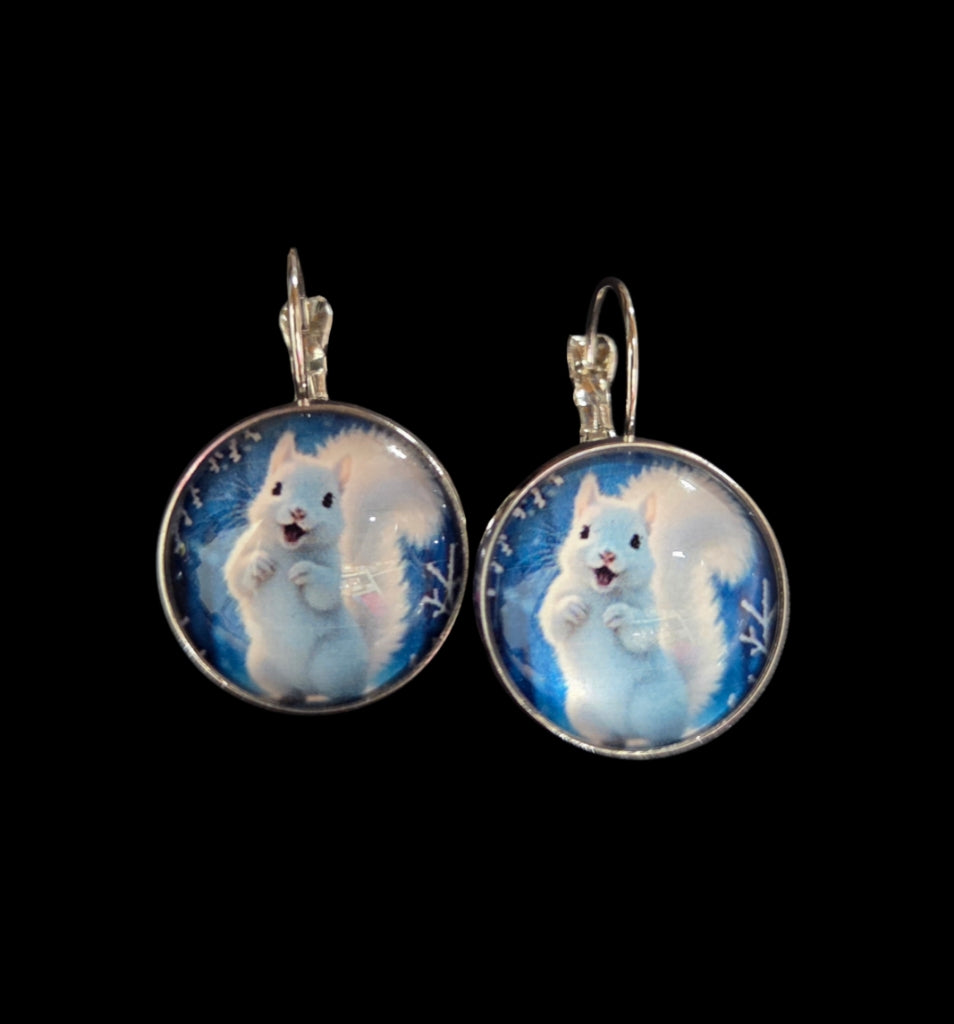 Jewelry - Earrings - Adorable Snowy White Squirrel Disks with Blue Background