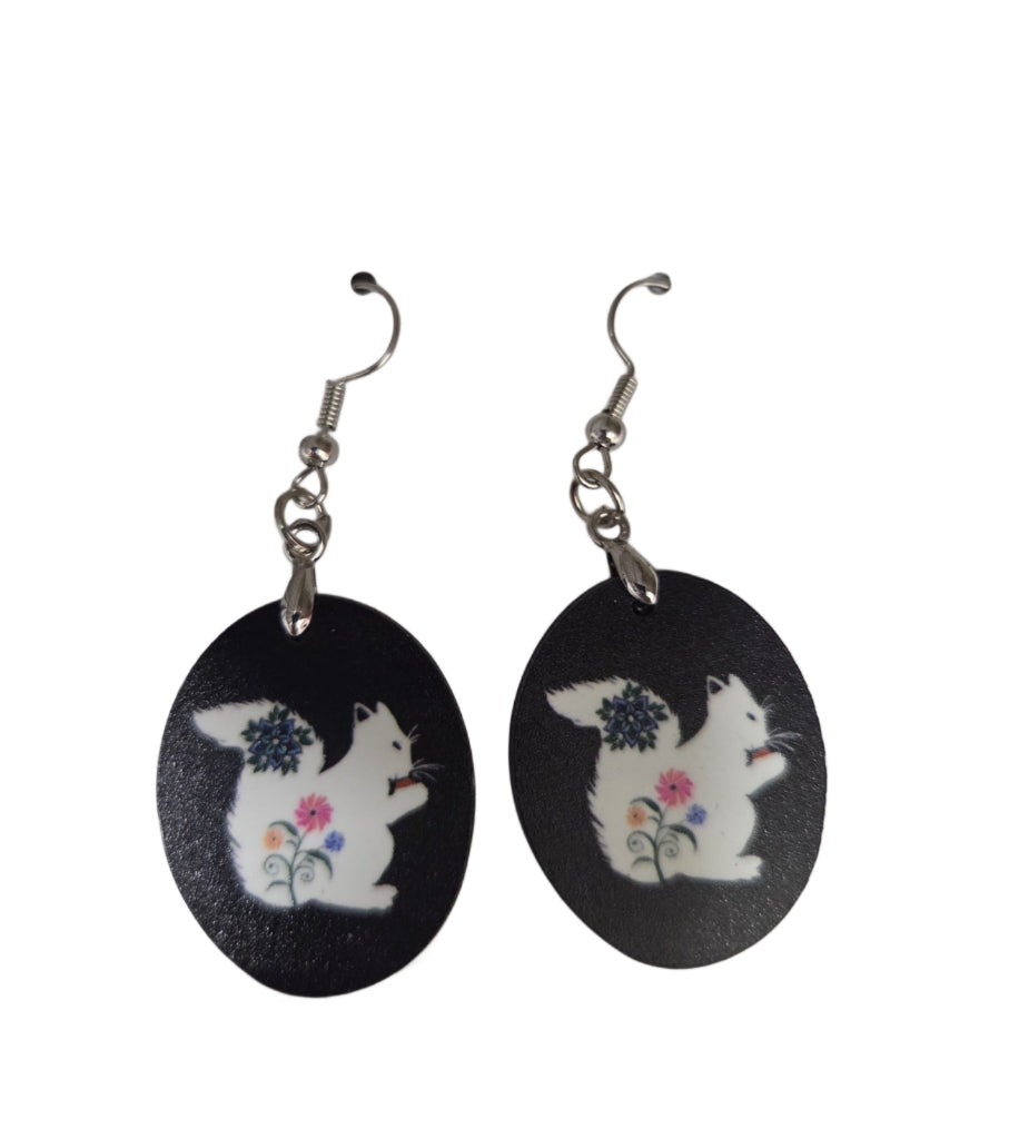 Jewelry - Earrings - Black Oval with Floral White Squirrel