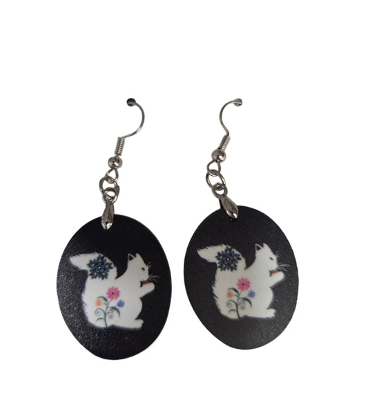 Jewelry - Earrings - Black Oval with Floral White Squirrel