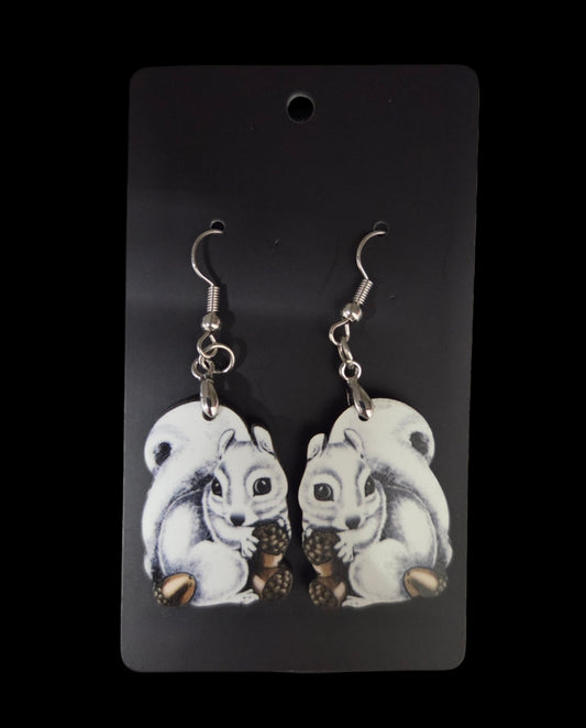 Jewelry - Earrings - Cute white squirrel on a pile of acorns