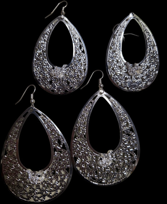 Jewelry - Earrings - Rhinestone White Squirrels on Hollow Lightweight Silver Tone Tear Drops