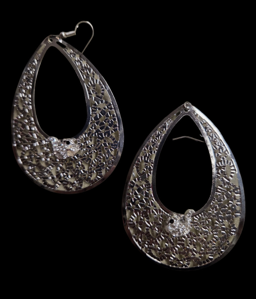 Jewelry - Earrings - Rhinestone White Squirrels on Hollow Lightweight Silver Tone Tear Drops