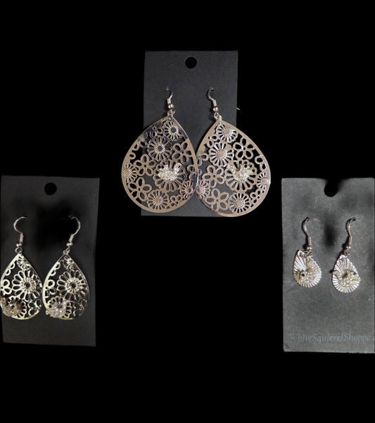 Jewelry - Earrings - Rhinestone White Squirrels on Lightweight Silver Tone Tear Drops in Varous Sizes