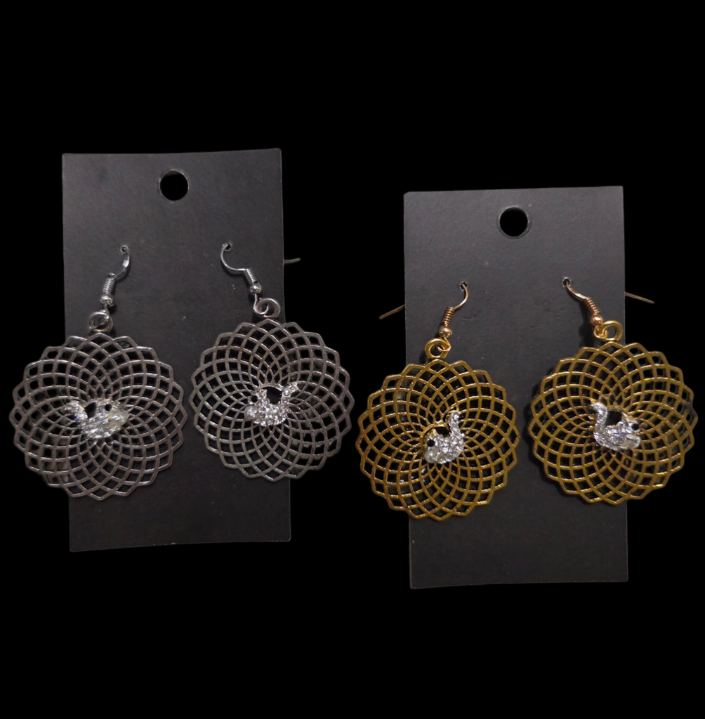 Jewelry - Earrings - Rhinestone White Squirrels on Metal Spirograph