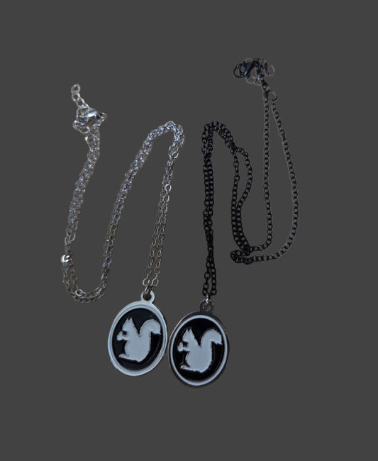 Jewelry - Necklace - Metal White Squirrel Oval with Black Background