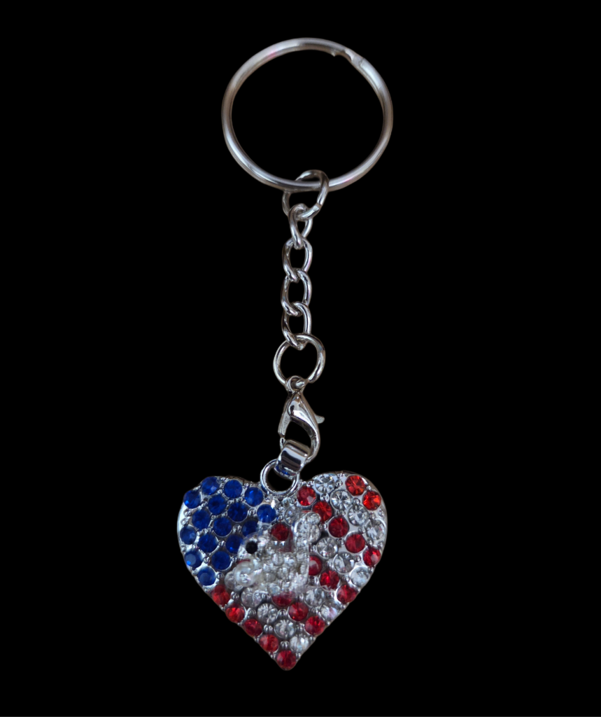 Keychain - Red White Blue Crystal Heart with Squirrel Holding a Faux Pearl