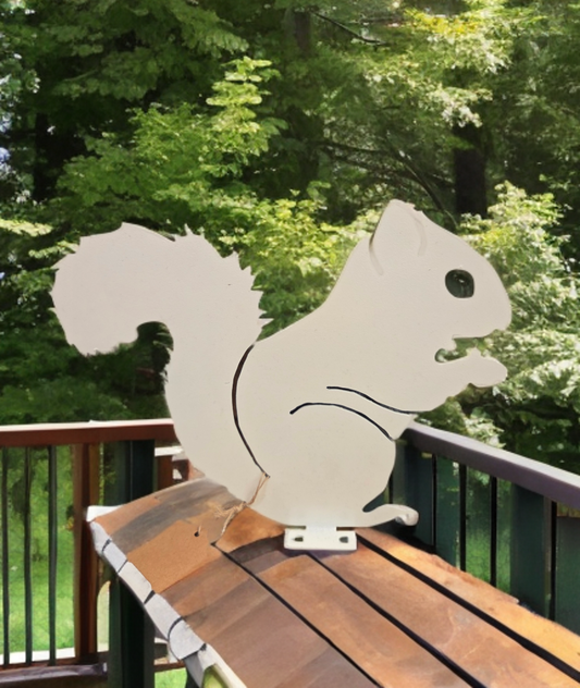 Metal Garden Art - White Squirrel Nibbling a Nut - Deck Screw-On 7" Wide x 5-1/2" Tall