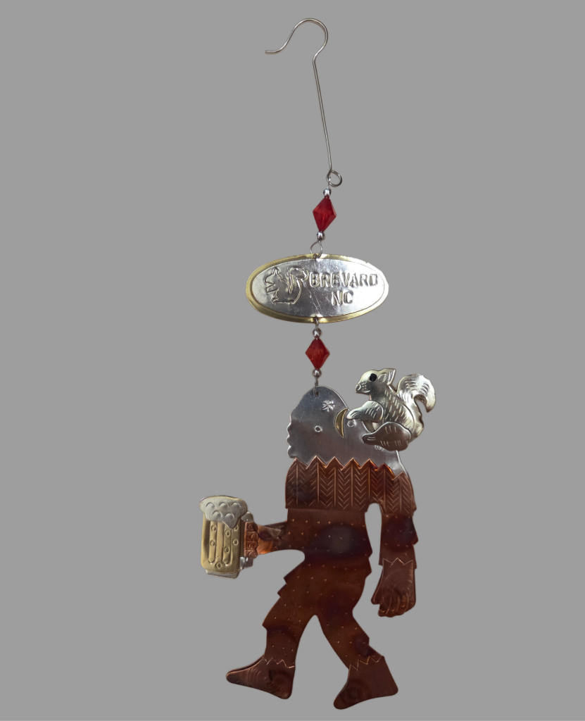 Ornament - Sasquatch with White Squirrel, Mug of Beer and Brevard NC Assorted Layered Metals