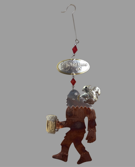 Ornament - Sasquatch with White Squirrel, Mug of Beer and Brevard NC Assorted Layered Metals