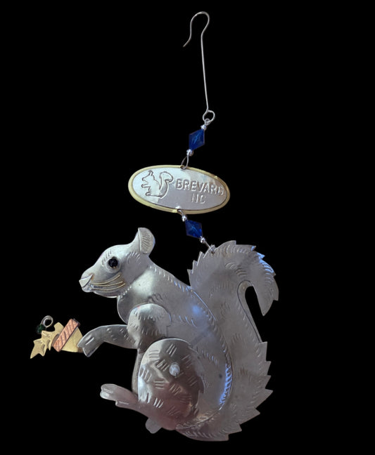 Ornament - Metal Three Dimensional Silver Squirrel with Brevard NC