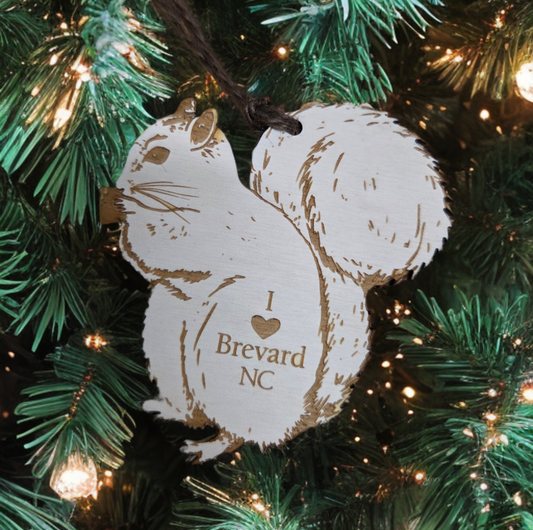 Ornament - Laser Cut Wood - White Squirrel with I Heart Brevard, NC