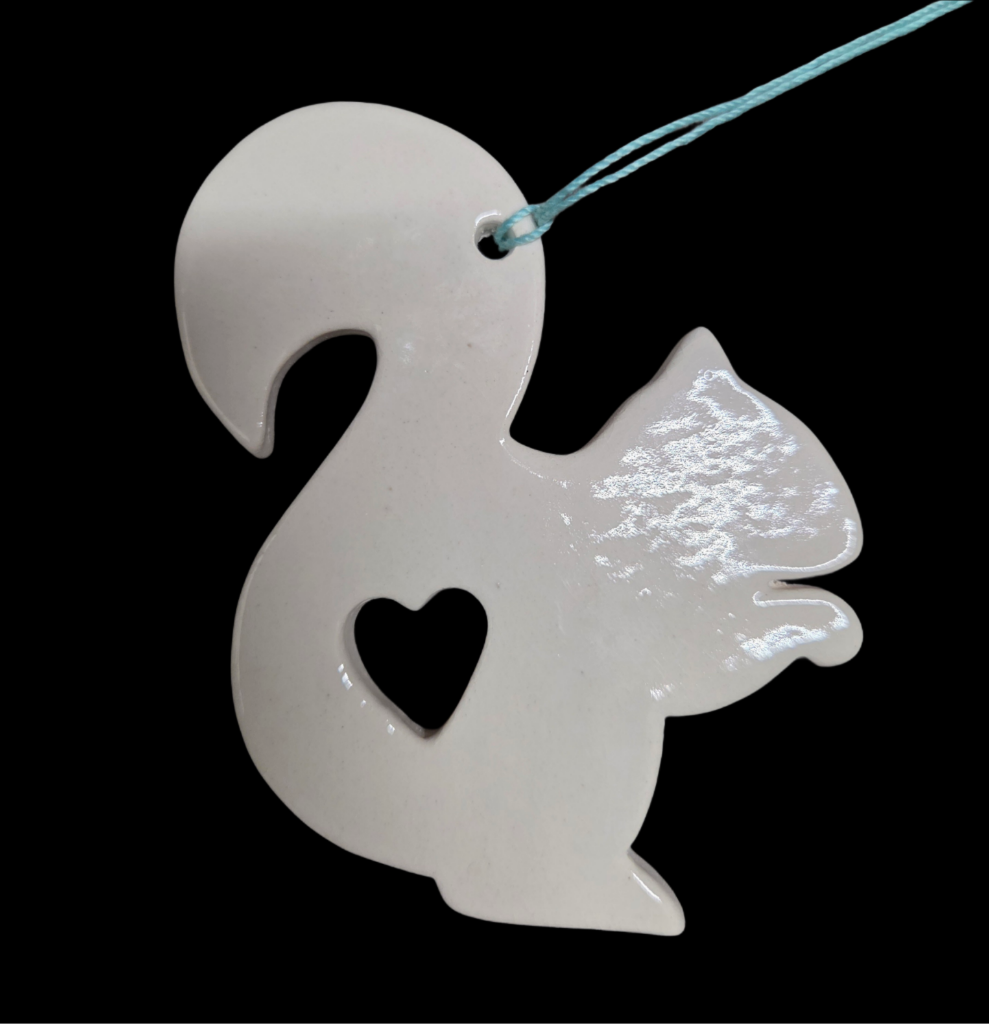 Ornament - Ceramic - White Squirrel with Heart Cut Out