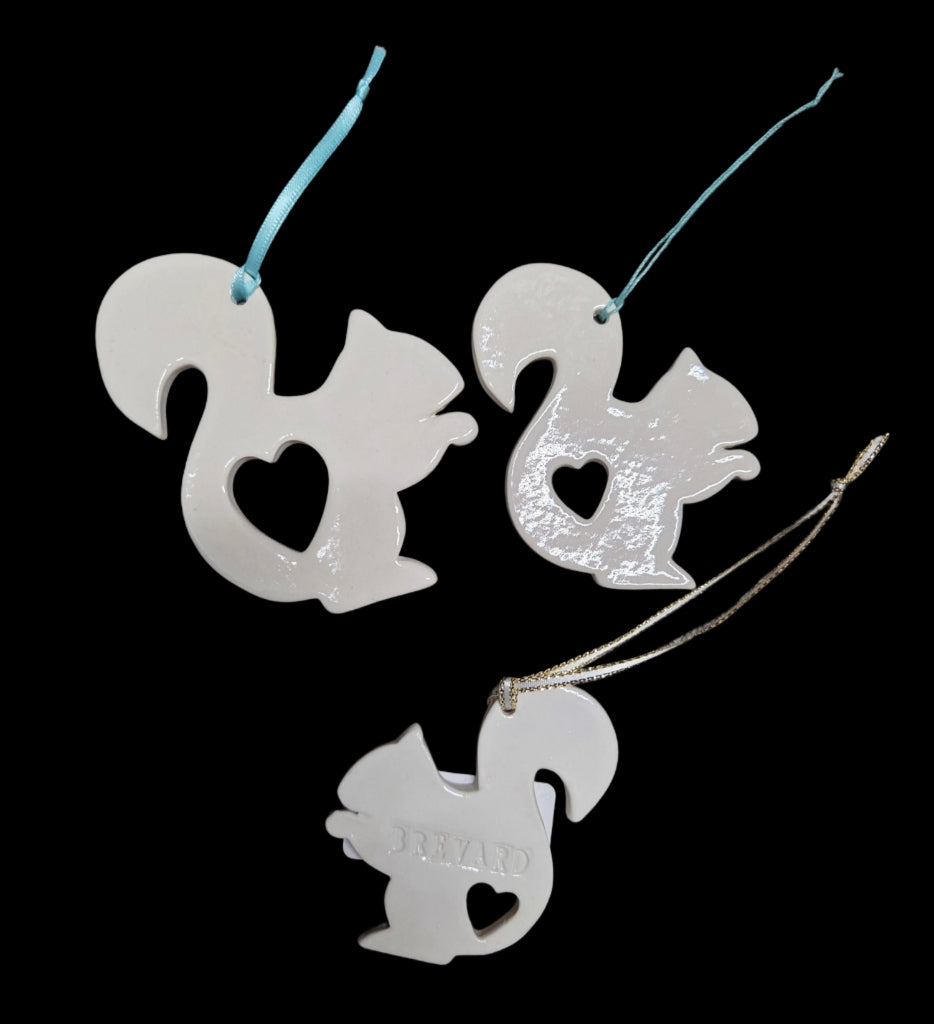 Ornament - Ceramic - White Squirrel with Heart Cut Out