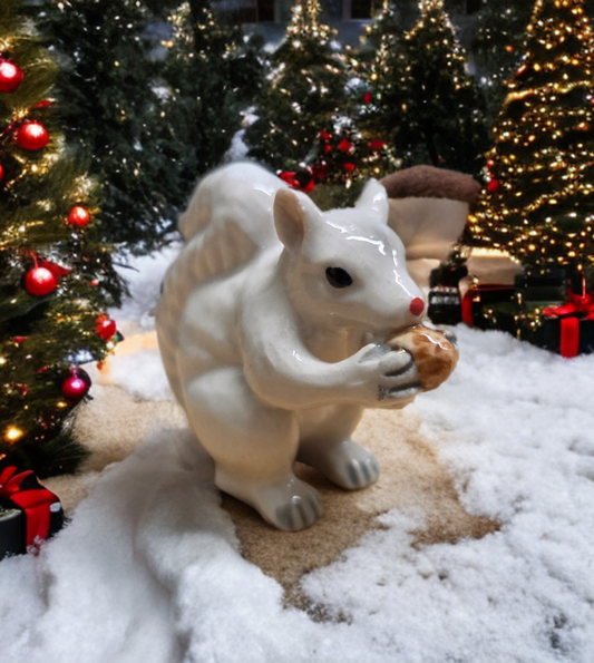 Ornament - Porcelain - White Squirrel Holding an Acorn - Hand Painted