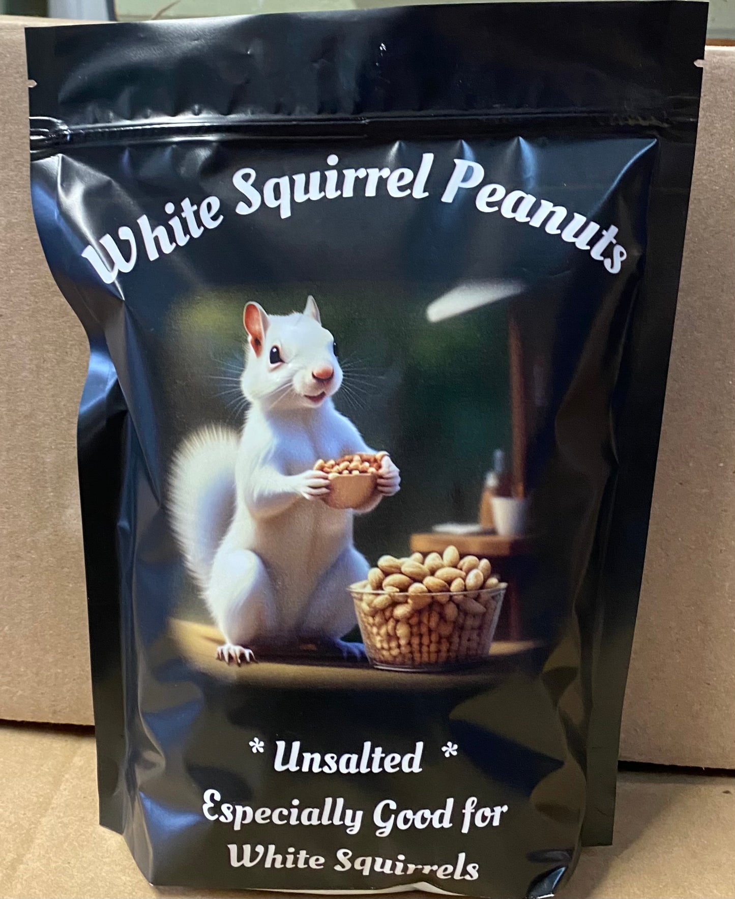 A package of 'White Squirrel Peanuts', which are unsalted and intended especially for white squirrels.