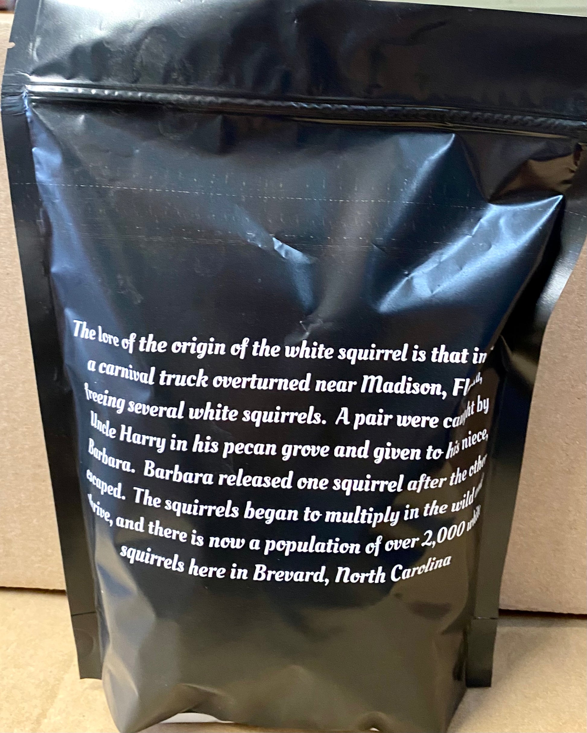 Back of the White Squirrel Peanuts bag.
