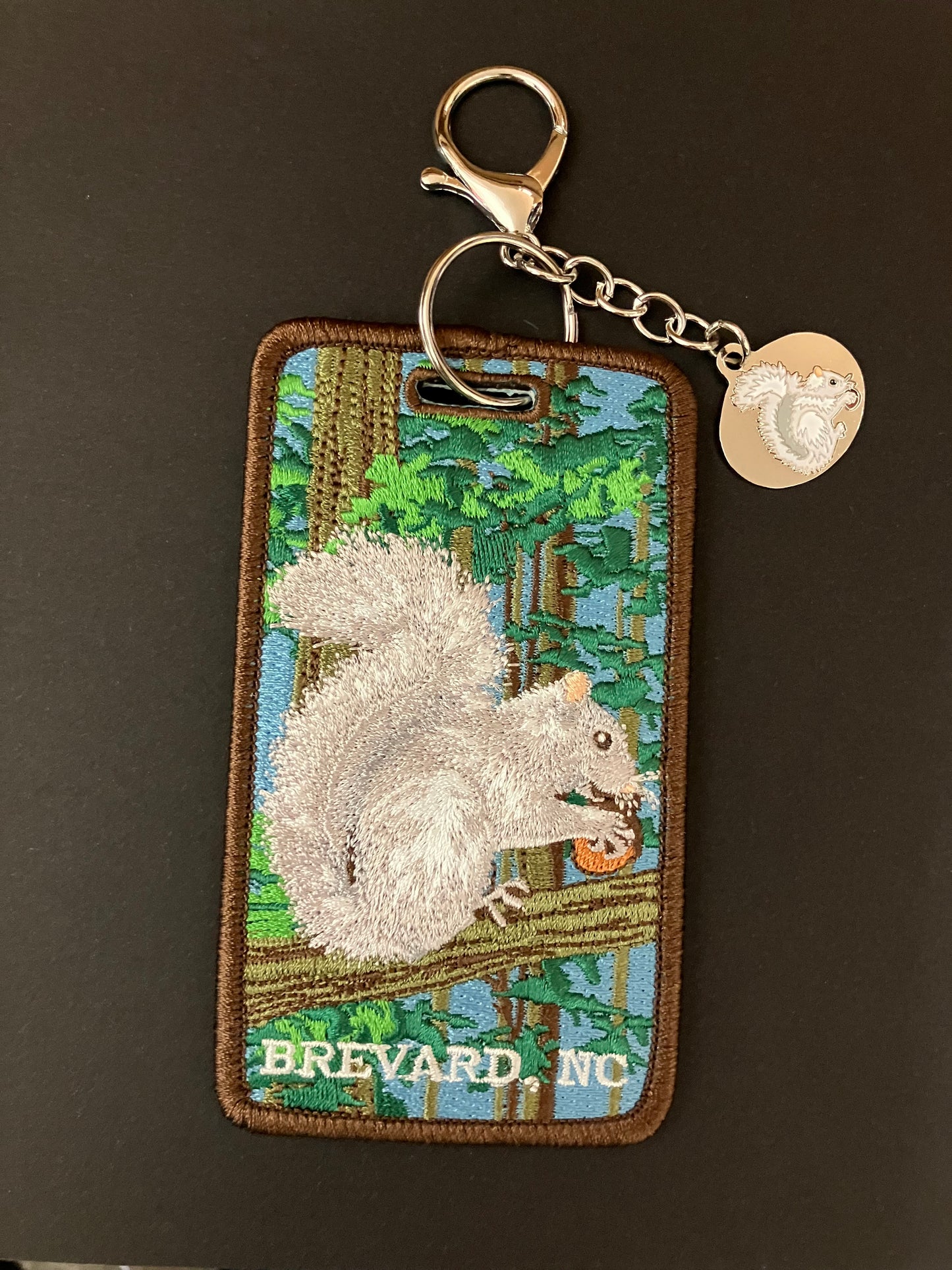 Purse Clip/Key Chain - White Squirrel on a Log Embroidered Purse Clip