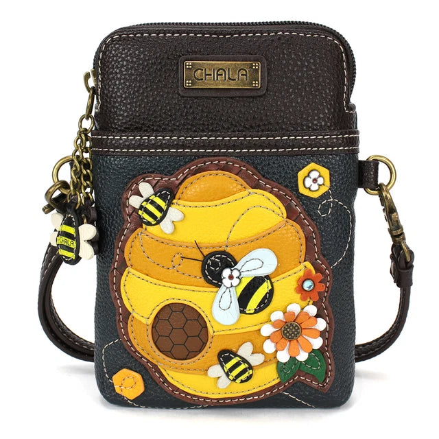 Black and brown crossbody bag with bee and honeycomb design with Chala Branding