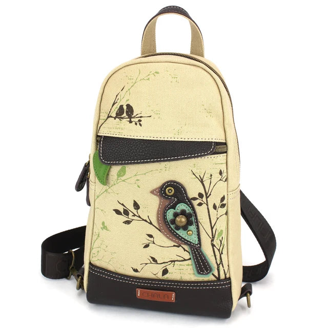 Beige backpack with bluebirdbird design on canvas Chala Brand