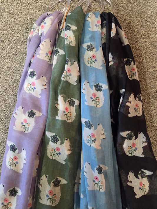 Scarf - Floral White Squirrel Scarf - Lightweight Designer Wrap 72x28 Inches