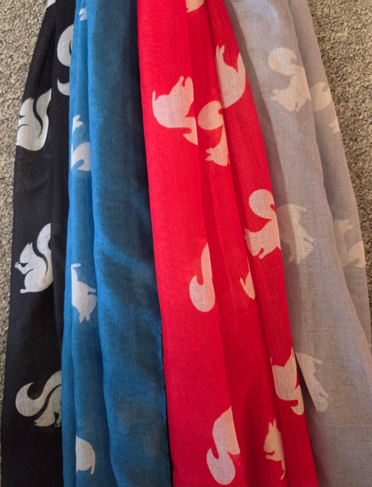 Scarf - White Squirrel Motif Scarf - Lightweight Designer Wrap 72x28 Inches in four colors