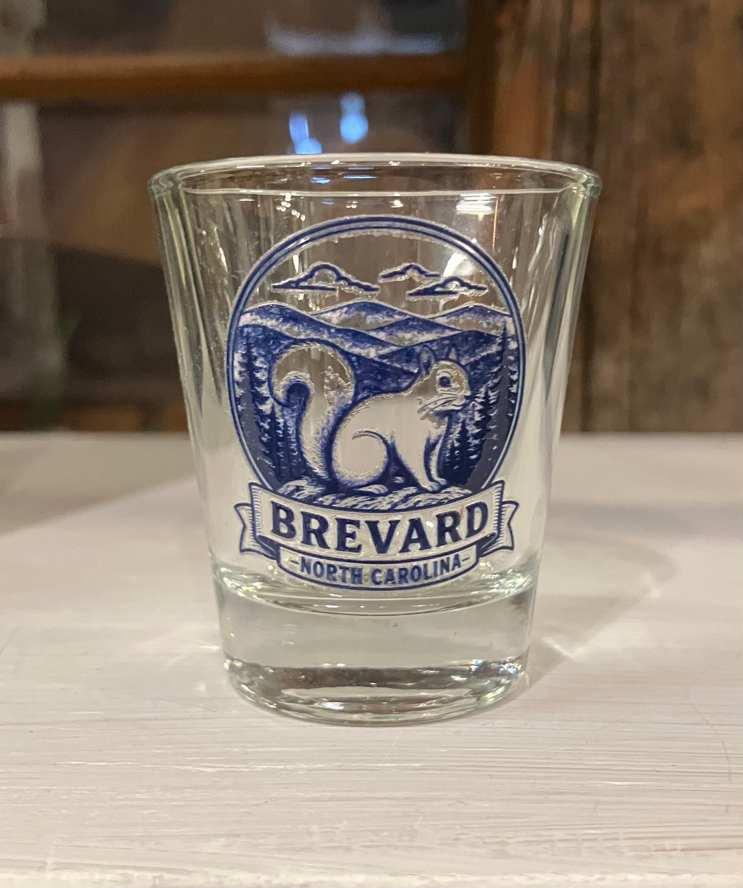 Shot Glass - White Squirrel Brevard, North Carolina Blue Design
